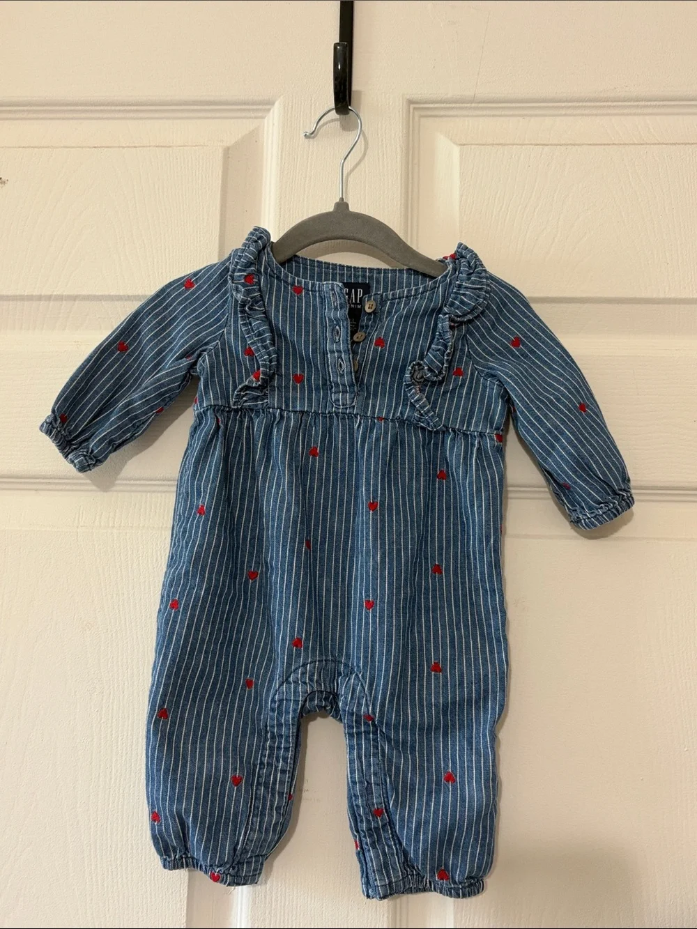 GAP Blue Pinstripe Baby Romper with Red Heart Accents